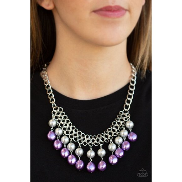 Paparazzi 5th Avenue Fleek Silver Purple Pearls Dangle Fringe Necklace Earrings - Picture 2 of 3